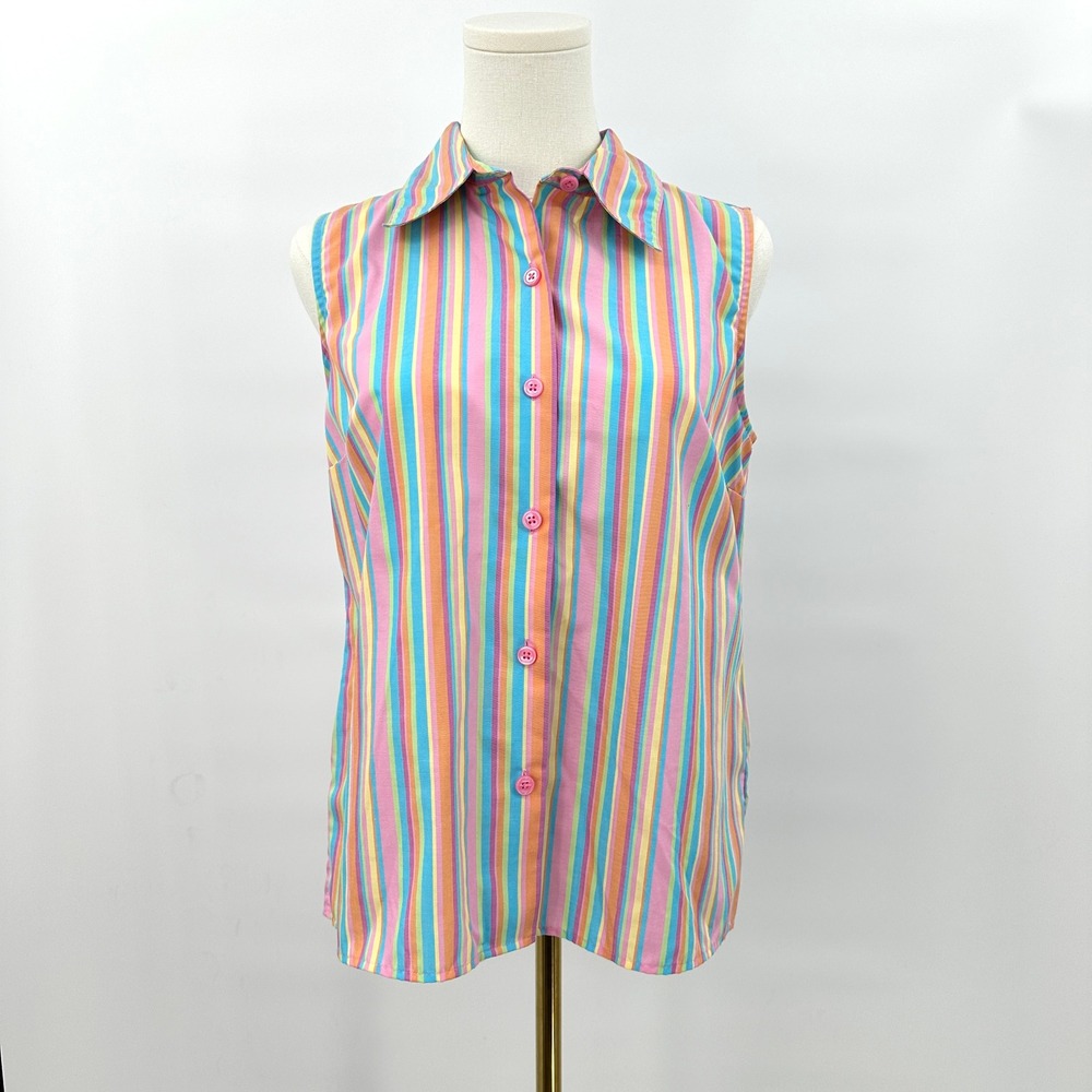 VTG 90s Rainbow Stripe Sleeveless Cotton Button Front Top Size 8 Preppy Y2K‎